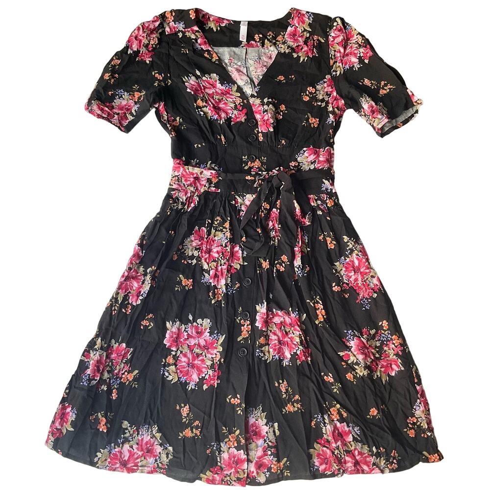 Xhilaration Women’s Short Sleeve V-neck Summer Floral Dress size XS, Black Pink